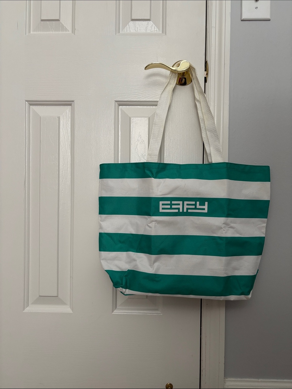 Striped green and White Tote Bag with Top Handles 18x13x6